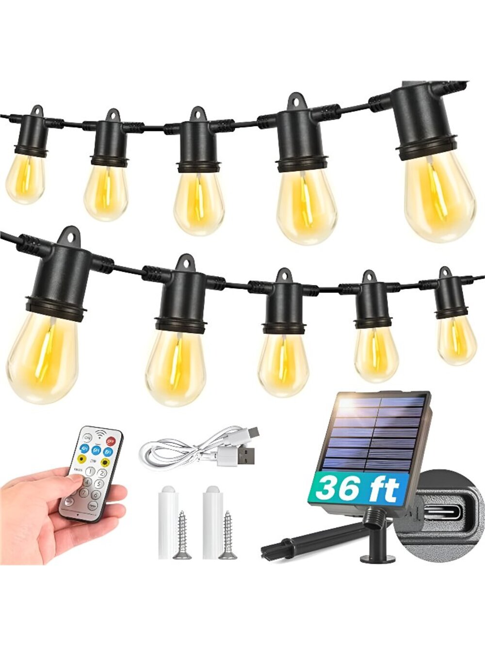 36FT Solar String Lights Waterproof 10+1 LED Bulbs Remote Control Timer Dimmable - Picture 1 of 7